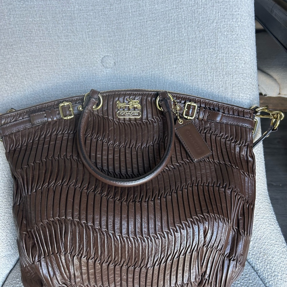 Coach Dark Brown Pleated Leather Shoulder Bag